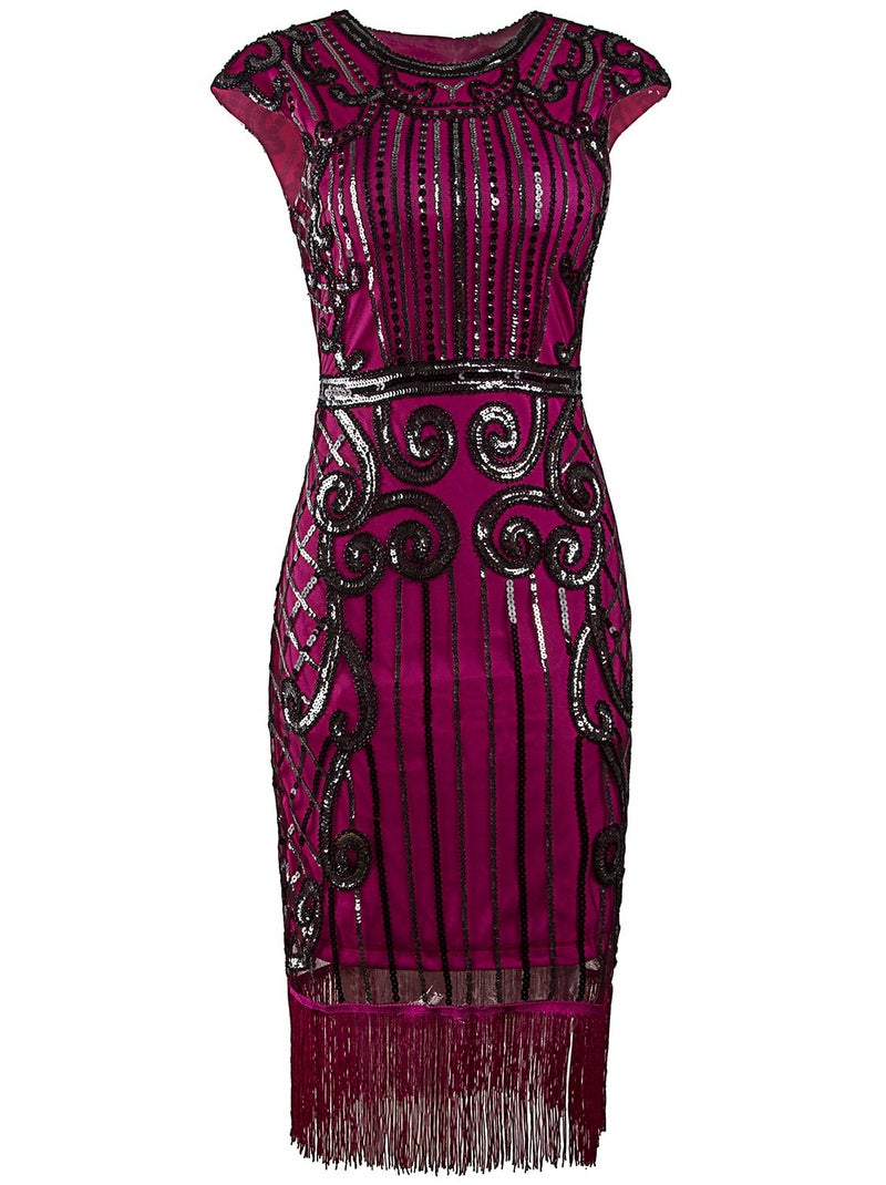 Vijiv 1920s Vintage Inspired Sequin Embellished Fringe Long Gatsby Flapper Dress,Rose Red,XX-Large - Image 3