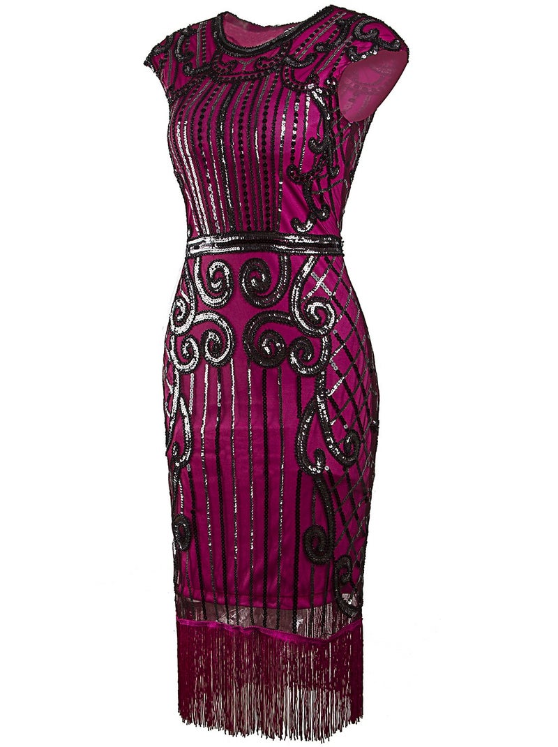 Vijiv 1920s Vintage Inspired Sequin Embellished Fringe Long Gatsby Flapper Dress,Rose Red,XX-Large - Image 2