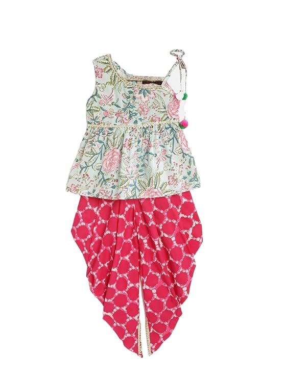 Pspeaches Cotton Girls Green Pink Floral Print Kurta Set With Dhoti Pants (Green-2-3Y), 2 Years-3 Years - Image 1