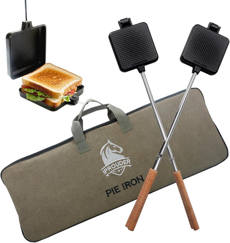 IPROUDER Campfire Pie Iron 4.9" Large Cast Iron Sandwich Maker for Camping 2 Pcs with Storage Bag - 21.7 inch Adjustable Handles - Campfire Cooking Equipment for Grilling & Outdoor Cooking - Image 1
