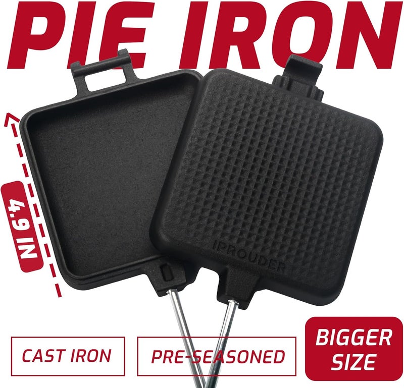 IPROUDER Campfire Pie Iron 4.9" Large Cast Iron Sandwich Maker for Camping 2 Pcs with Storage Bag - 21.7 inch Adjustable Handles - Campfire Cooking Equipment for Grilling & Outdoor Cooking - Image 2
