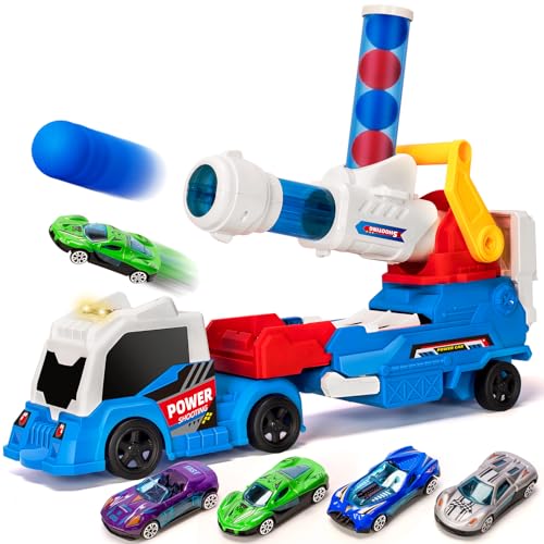 BainGesk Semi Truck Toys Car for 3 4 5 6 7 8 Years Old Boys Girls 28 Ejection and Shooting Truck with Light Sounds Includes 4 Race Cars 10 EVA Balls Large Car Toys Gifts for Toddler - Image 1