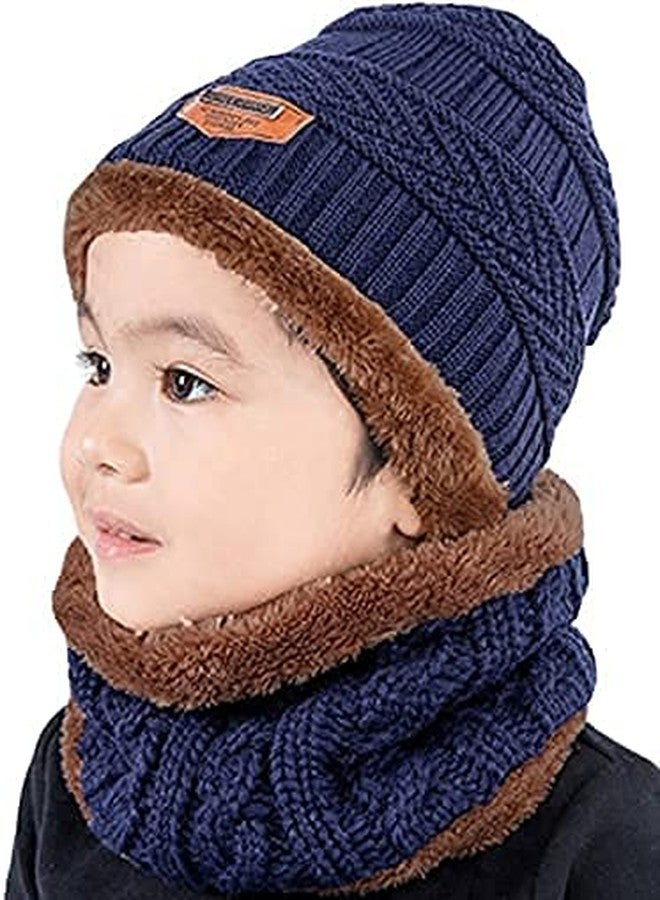 Atipriya Kids Hat Scarf Set Warm Fleece Knit Beanie Cap Scarf Mask for Boy Girls Children Blue Color - Image 1