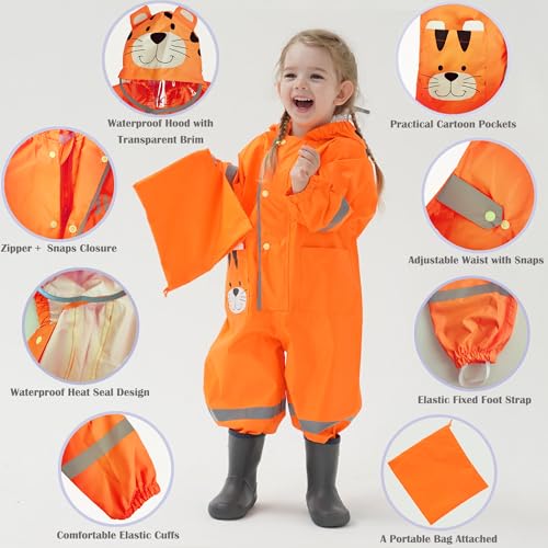 Fewlby Kids Toddler Rain Suit for boys girls One Piece Hoodie Zipper Cute Cartoon Tiger Waterproof Rain Jacket 2-5 years M Size - Image 2