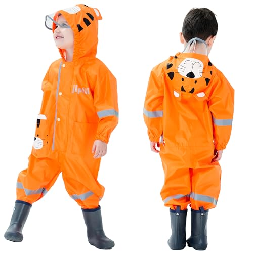 Fewlby Kids Toddler Rain Suit for boys girls One Piece Hoodie Zipper Cute Cartoon Tiger Waterproof Rain Jacket 2-5 years M Size - Image 5