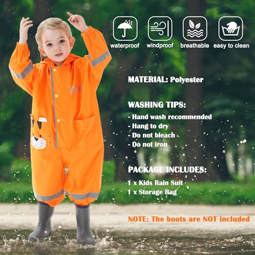 Fewlby Kids Toddler Rain Suit for boys girls One Piece Hoodie Zipper Cute Cartoon Tiger Waterproof Rain Jacket 2-5 years M Size - Image 3