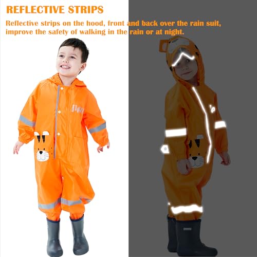 Fewlby Kids Toddler Rain Suit for boys girls One Piece Hoodie Zipper Cute Cartoon Tiger Waterproof Rain Jacket 2-5 years M Size - Image 4