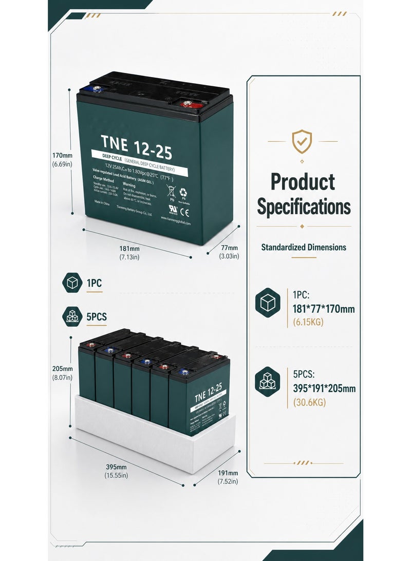 5-Pack 12V 25Ah lead-acid gel cycle batteries, rechargeable over 2000 times, suitable for Electric scooter、E-bike、 with a built-in 25A battery management system - Image 4