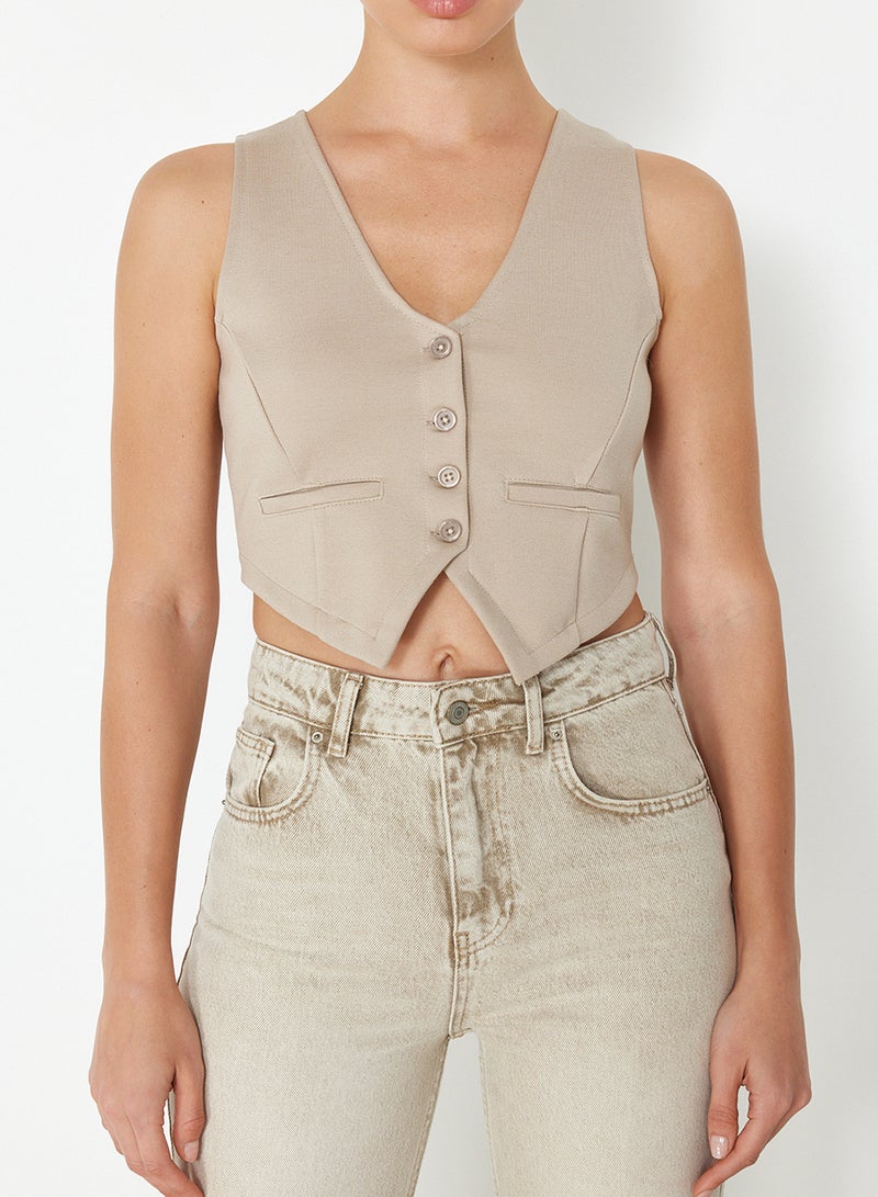 trendyol Mink Button Detailed V-neck Crop Regular/Normal Cut Stretch Knitted Vest TWOSS23YE00037 - Image 4