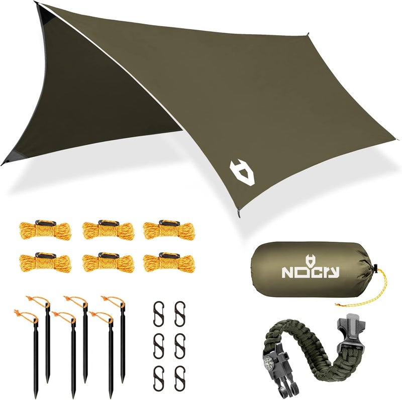 NoCry Rain Fly 12x10 Lightweight Survival Camping Tarp; 100% Waterproof; Makes a Great Backpacking Tarp or Hammock Shelter; Comes in Multiple Colors, Survival Bracelet Included; OD-Green - Image 1