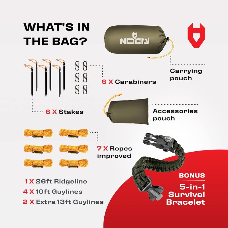 NoCry Rain Fly 12x10 Lightweight Survival Camping Tarp; 100% Waterproof; Makes a Great Backpacking Tarp or Hammock Shelter; Comes in Multiple Colors, Survival Bracelet Included; OD-Green - Image 2