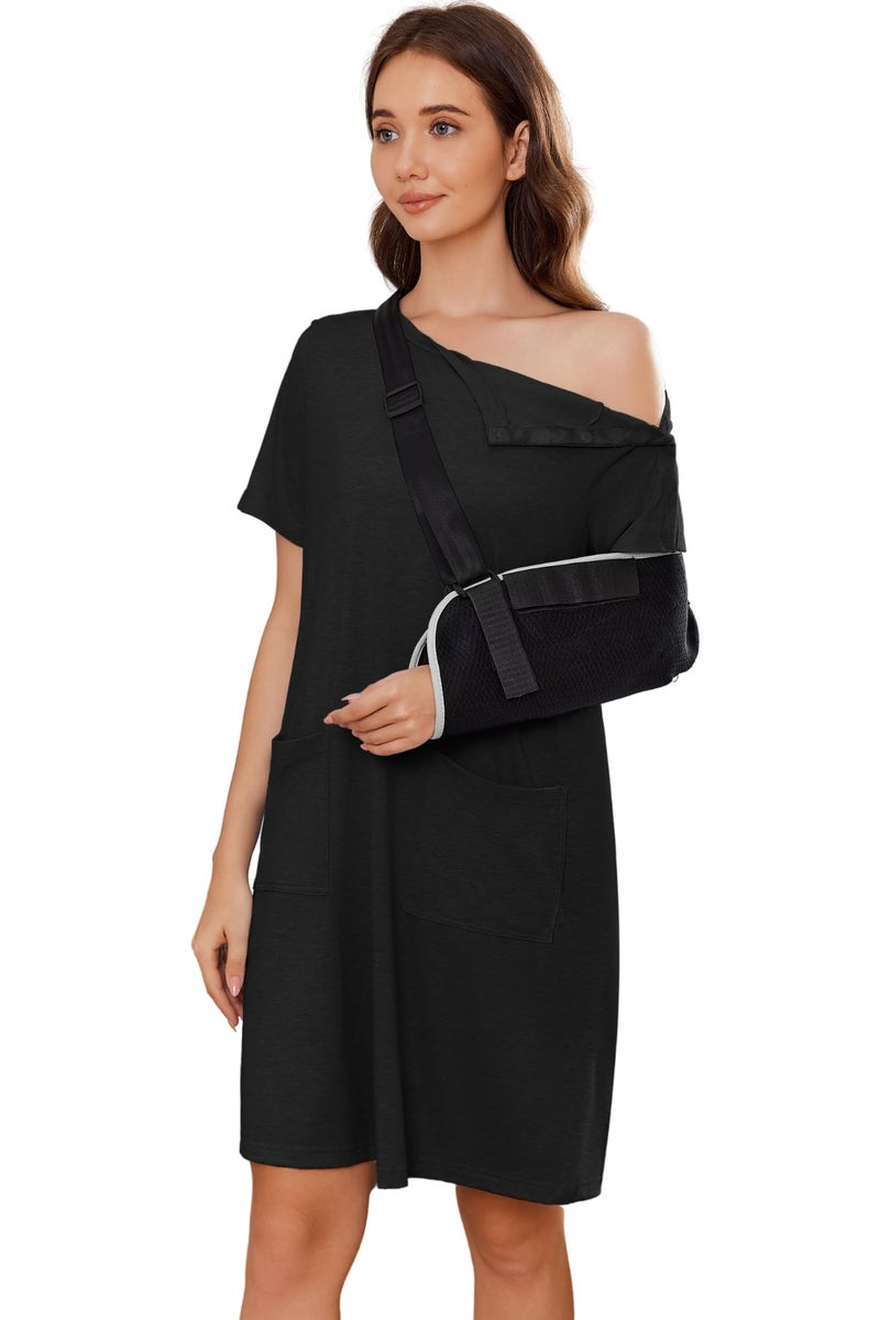 Deyeek Women's Post Shoulder Surgery dress Tear Away Short Sleeve Full Open Side Snap Adaptive Clothing with Pockets Black - Image 1