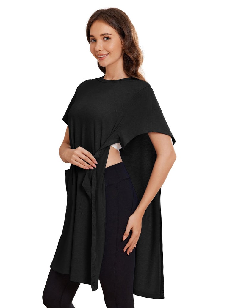 Deyeek Women's Post Shoulder Surgery dress Tear Away Short Sleeve Full Open Side Snap Adaptive Clothing with Pockets Black - Image 2