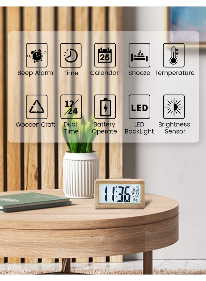 jaexest Wooden Digital Alarm Clock with Large Backlit LCD Display, Temperature & Snooze Function, Built-in Brightness Sensor, Battery Powered (3 AAA Batteries Required, Not Included) - Image 2
