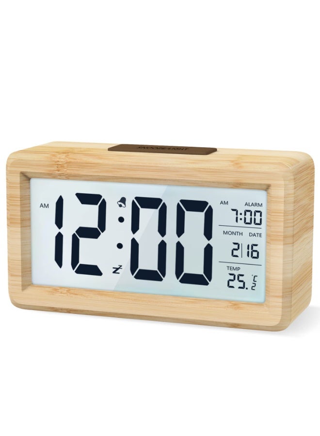 jaexest Wooden Digital Alarm Clock with Large Backlit LCD Display, Temperature & Snooze Function, Built-in Brightness Sensor, Battery Powered (3 AAA Batteries Required, Not Included) - Image 1