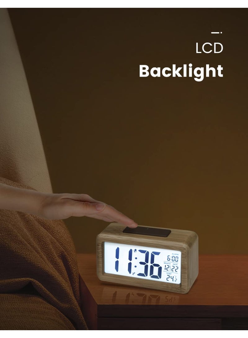 jaexest Wooden Digital Alarm Clock with Large Backlit LCD Display, Temperature & Snooze Function, Built-in Brightness Sensor, Battery Powered (3 AAA Batteries Required, Not Included) - Image 5