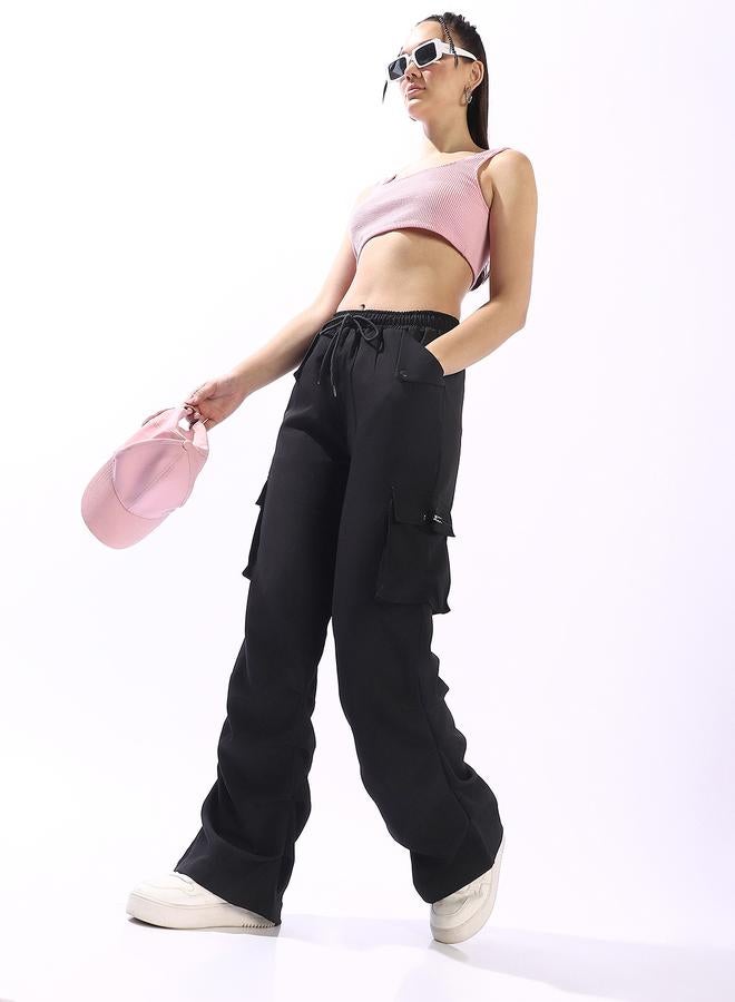 HIGH STAR Women's Black Polyester Blend Solid Full Cargo Wide Leg Trouser - Image 1