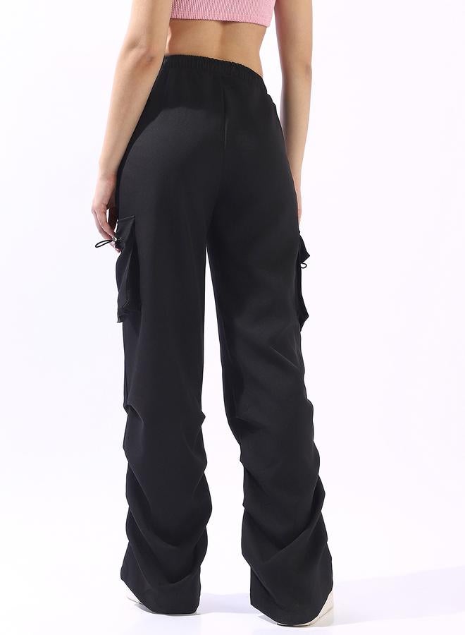 HIGH STAR Women's Black Polyester Blend Solid Full Cargo Wide Leg Trouser - Image 5