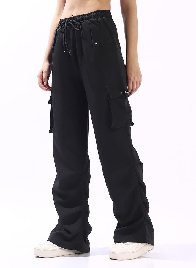 HIGH STAR Women's Black Polyester Blend Solid Full Cargo Wide Leg Trouser - Image 3