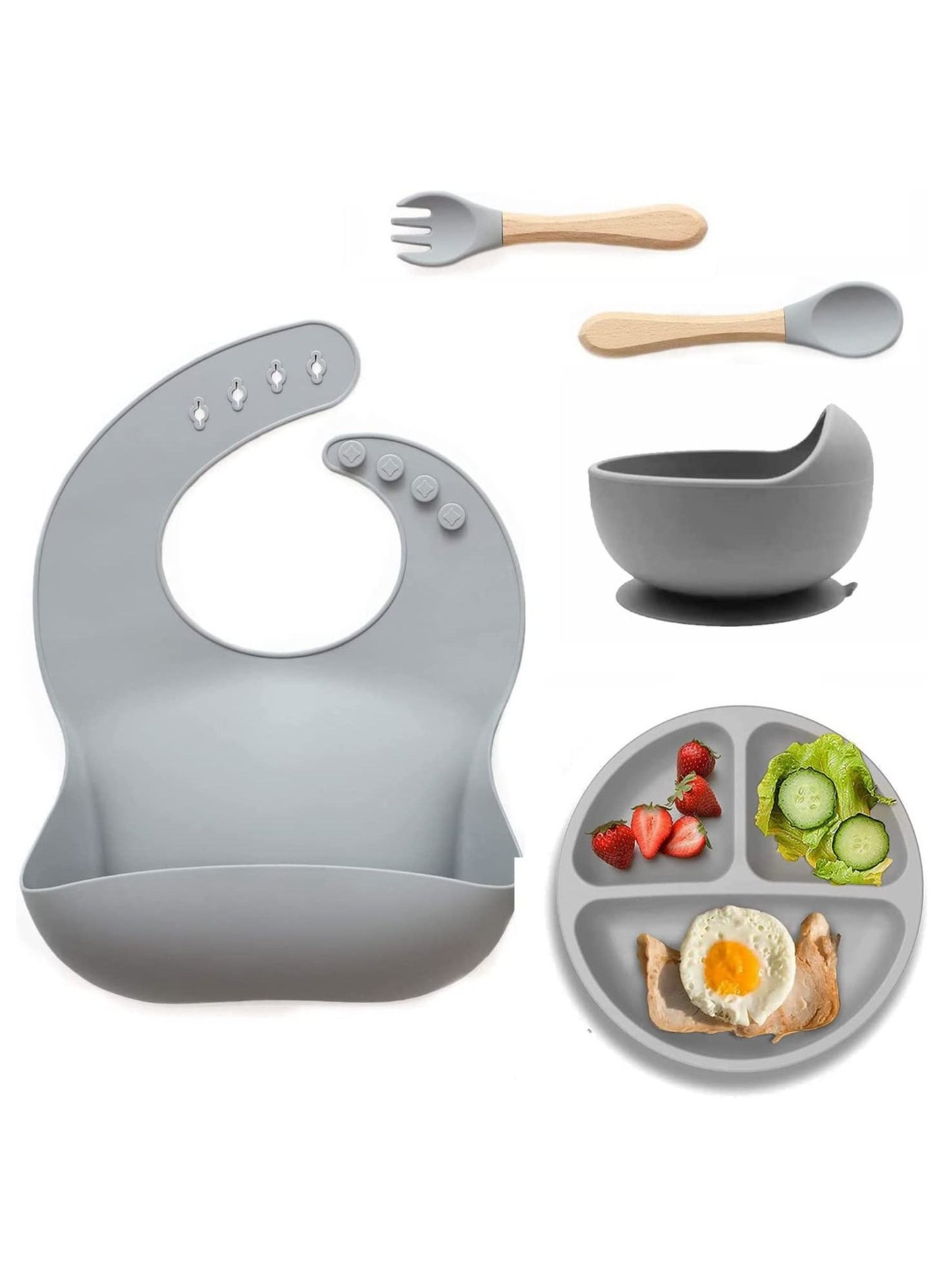 Silicone Baby Feeding Set, Toddler Divider Plate & Bowl with Suction, BPA Free Baby Tableware Set with Adjustable Soft Silicone Bib & Utensils Baby Tableware Set