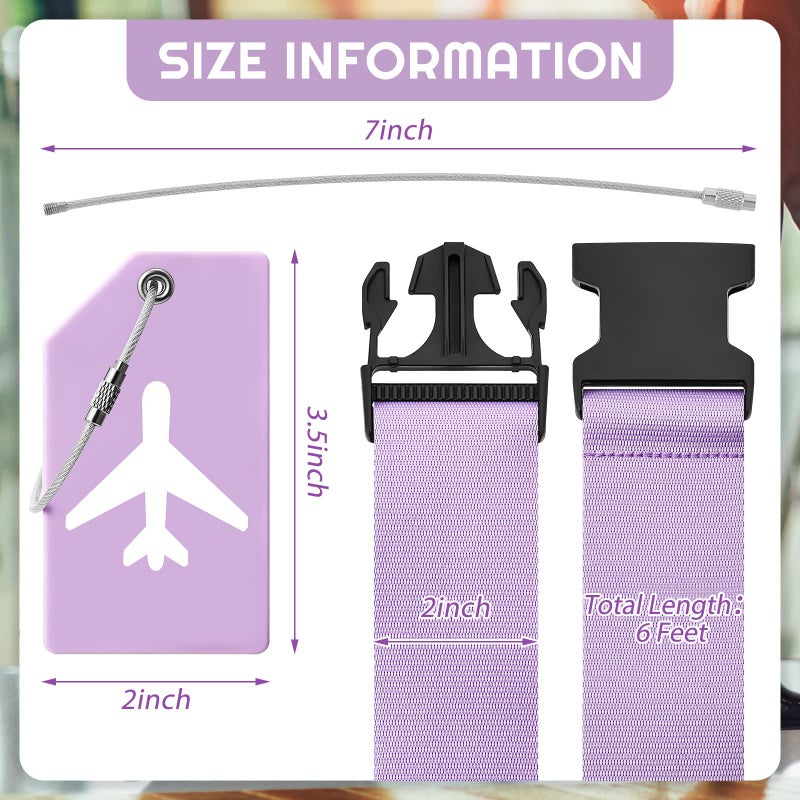Weewooday 8 Pcs Luggage Straps Suitcase Tags Set for TSA Approved, 4 Travel Adjustable Suitcase Belt, 4 Silicone Luggage Tags with Name ID Card Travel Accessories(Light Purple)  - Image 2