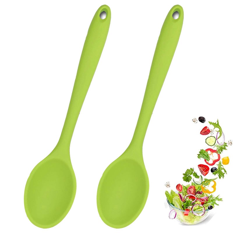 Meajore 2 Pcs Silicone Spoons for Cooking Heat Resistant Hygienic Design Cooking Utensi Mixing Spoons for Kitchen Cooking Baking Stirring Mixing Tools Green
