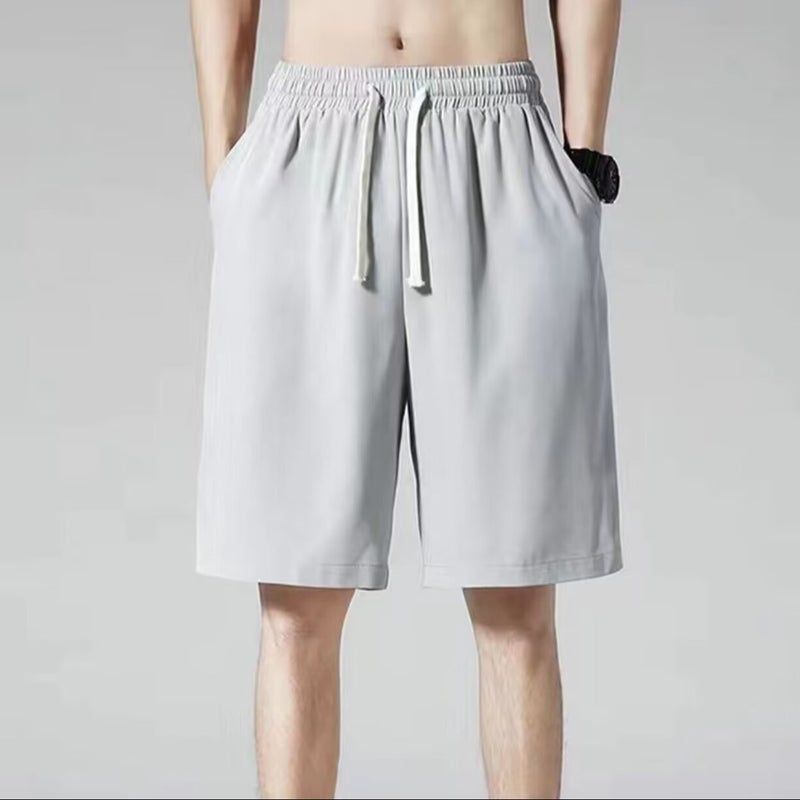 Trendy Lun Cloth Short Mens Summer Casual Loose Breathable Ice Silk Thin Basketball Sports Pants DK03 light gray 