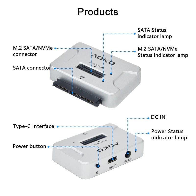 AOKO M.2 SATA/NVMe to USB Docking Station,Hard Drive Reader Adapter, External M.2 SSD Enclosure for M.2 PCIe NVMe and SATA SSDs, Compatible with SATA III HDD/SSD (M.2 Dock or SATA Adapter) - Image 3