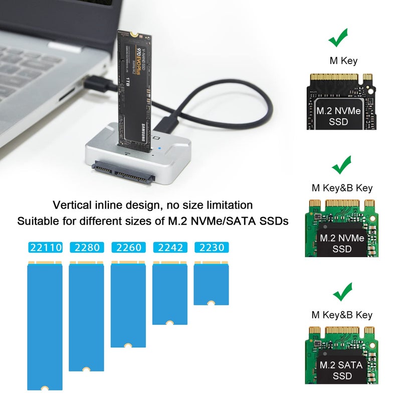 AOKO M.2 SATA/NVMe to USB Docking Station,Hard Drive Reader Adapter, External M.2 SSD Enclosure for M.2 PCIe NVMe and SATA SSDs, Compatible with SATA III HDD/SSD (M.2 Dock or SATA Adapter) - Image 4