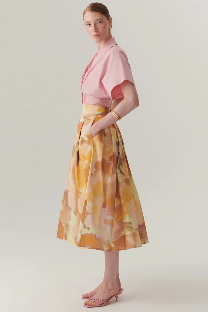 EXQUISE Cotton Loose Fit Midi Skirt with Pockets and Abstract Pattern