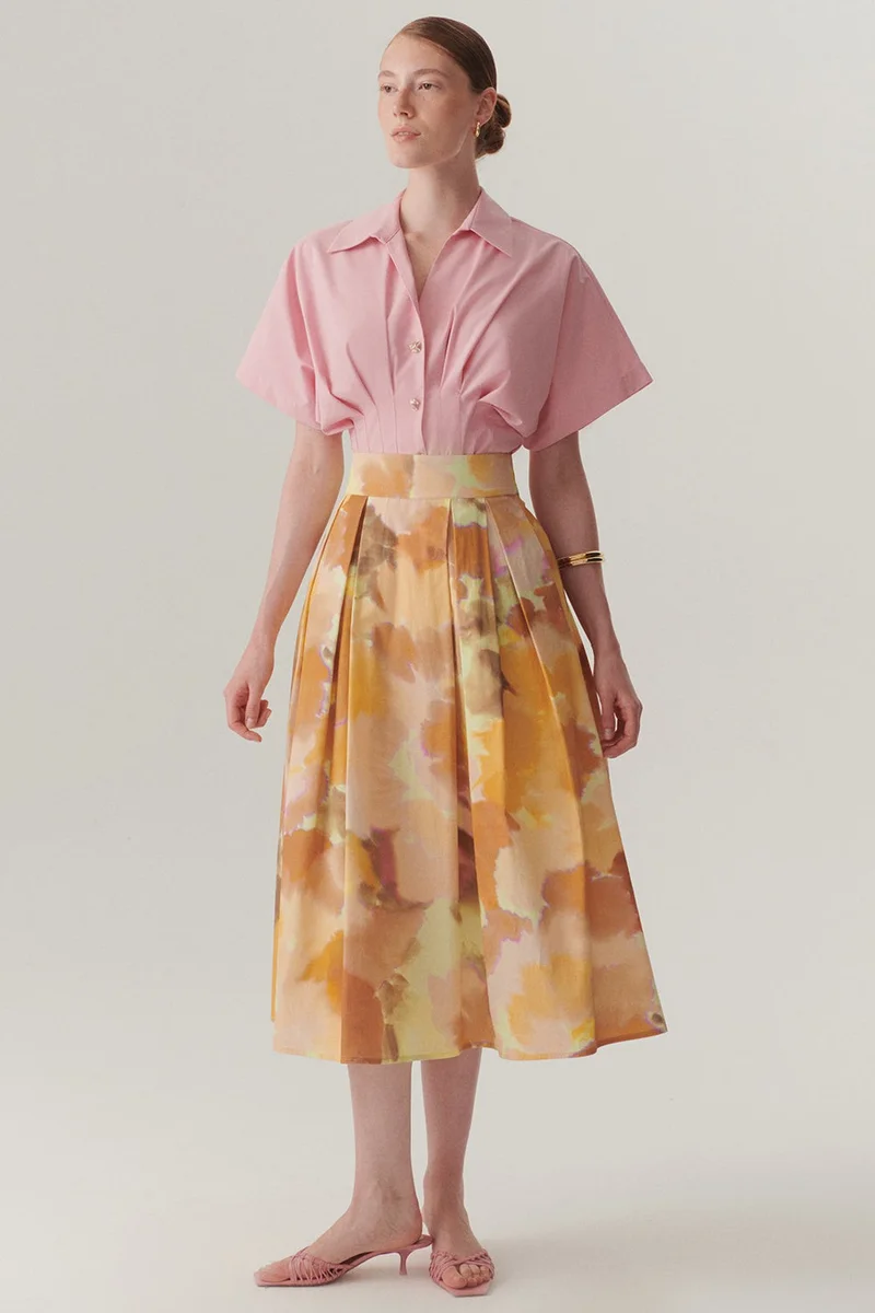 EXQUISE Cotton Loose Fit Midi Skirt with Pockets and Abstract Pattern