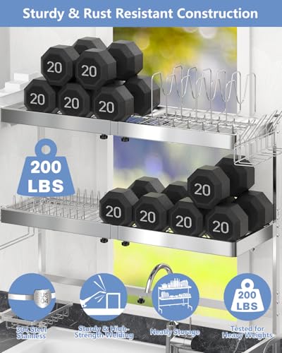 LIONONLY 3 Tier Extra Large Over The Sink Dish Drying Rack, Expandable Stainless Steel Dish Drainer with Multifunctional Organizer, Space-Saving Above Sink Dish Rack with Large Capacity for Kitchen Counter - Image 5