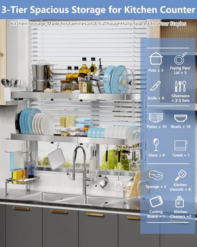 LIONONLY 3 Tier Extra Large Over The Sink Dish Drying Rack, Expandable Stainless Steel Dish Drainer with Multifunctional Organizer, Space-Saving Above Sink Dish Rack with Large Capacity for Kitchen Counter - Image 3