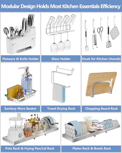 LIONONLY 3 Tier Extra Large Over The Sink Dish Drying Rack, Expandable Stainless Steel Dish Drainer with Multifunctional Organizer, Space-Saving Above Sink Dish Rack with Large Capacity for Kitchen Counter - Image 4