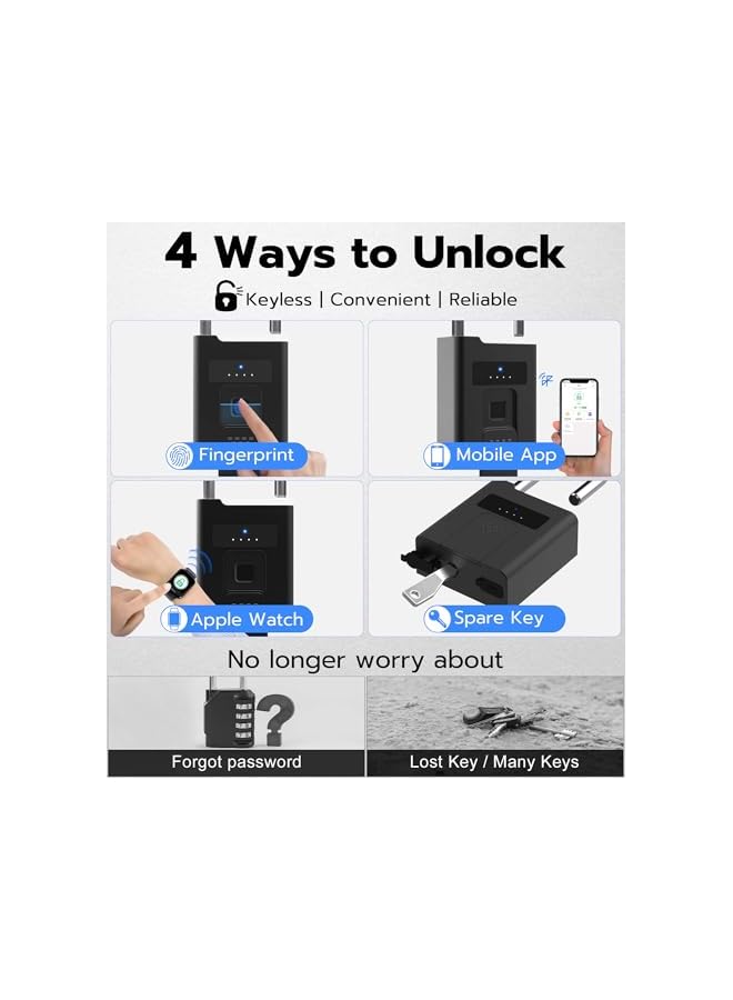 PROMASS Heavy Duty Fingerprint Padlock with Key Backup, Waterproof Bluetooth Biometric Keyless Electronic Smart Combination Lock for Outdoor Fence Gate Truck Pool Shed Gym Locker - Image 2