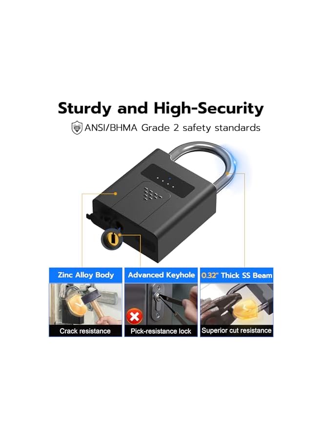 PROMASS Heavy Duty Fingerprint Padlock with Key Backup, Waterproof Bluetooth Biometric Keyless Electronic Smart Combination Lock for Outdoor Fence Gate Truck Pool Shed Gym Locker - Image 4