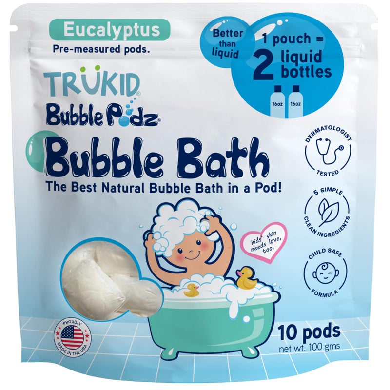 TruKid Bubble Podz Bubble Bath for Kids Toddlers Babies Tear Free Gentle Refreshing Bath Bomb for Sensitive Skin with Natural Moisturizers NonToxic pH Balanced Eucalyptus Scent 10 Podz