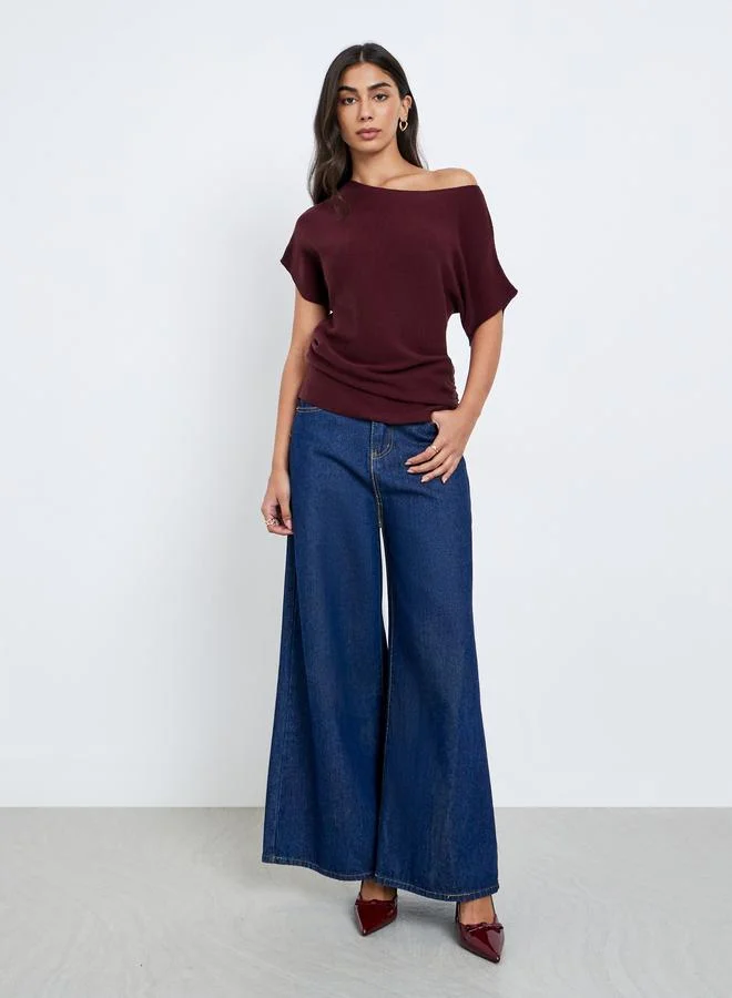 Styli Styli Burgundy Ribbed Knit Batwing Sleeve Top