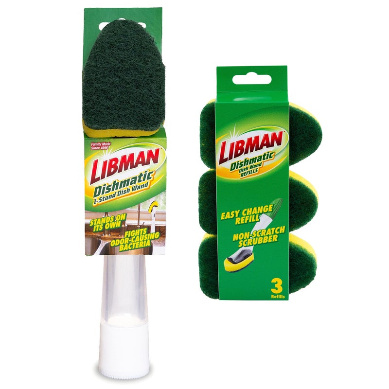 Libman Dishmatic IStand Dish Wand Kit Kitchen Cleaning Scrub Brush with Handle and Soap Dispenser for Scrubbing and Washing Dishes Refillable Standing Dispensing Scrubber Brushes 3 Sponge Refills