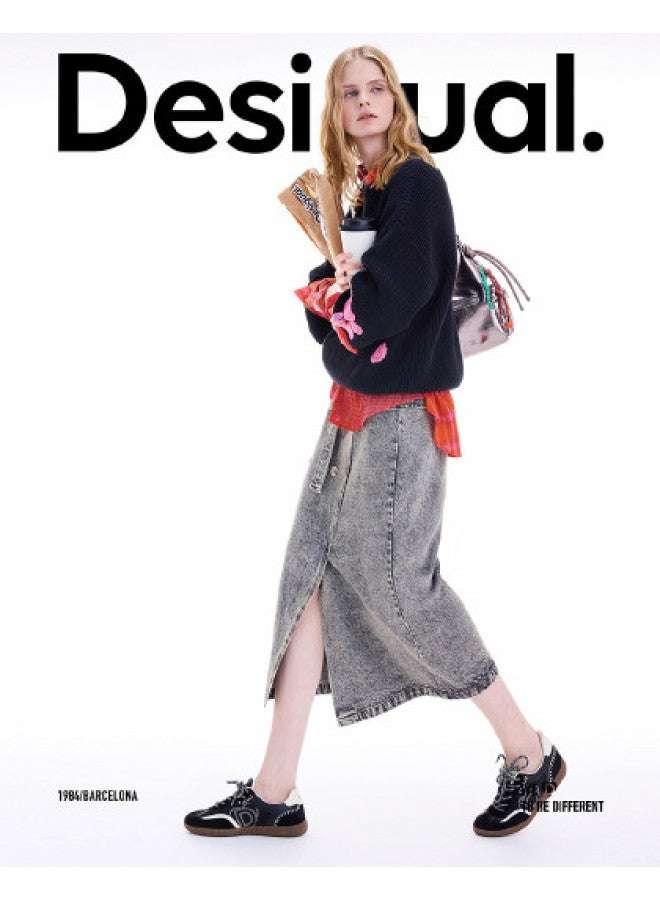 DESIGUAL [Spanish Fashion Luxury] 25 Fall/Winter New Collection Double-Breasted Heavy Wash Tie-Waist Grey Skirt - Image 1
