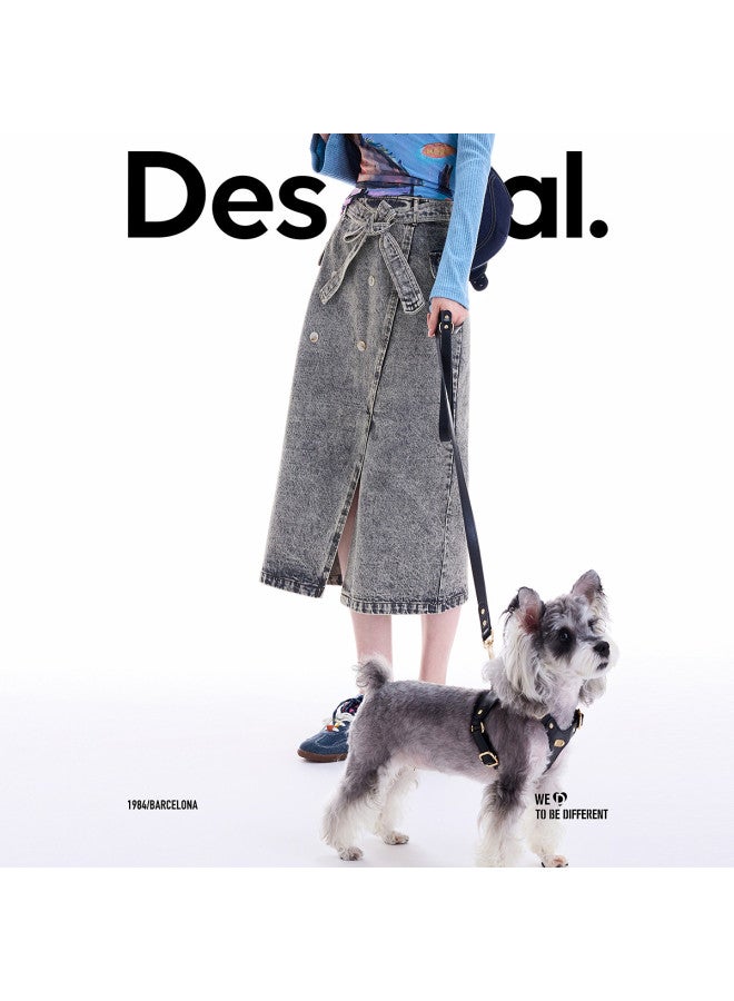 DESIGUAL [Spanish Fashion Luxury] 25 Fall/Winter New Collection Double-Breasted Heavy Wash Tie-Waist Grey Skirt - Image 5