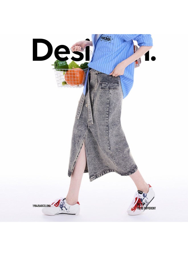 DESIGUAL [Spanish Fashion Luxury] 25 Fall/Winter New Collection Double-Breasted Heavy Wash Tie-Waist Grey Skirt - Image 4