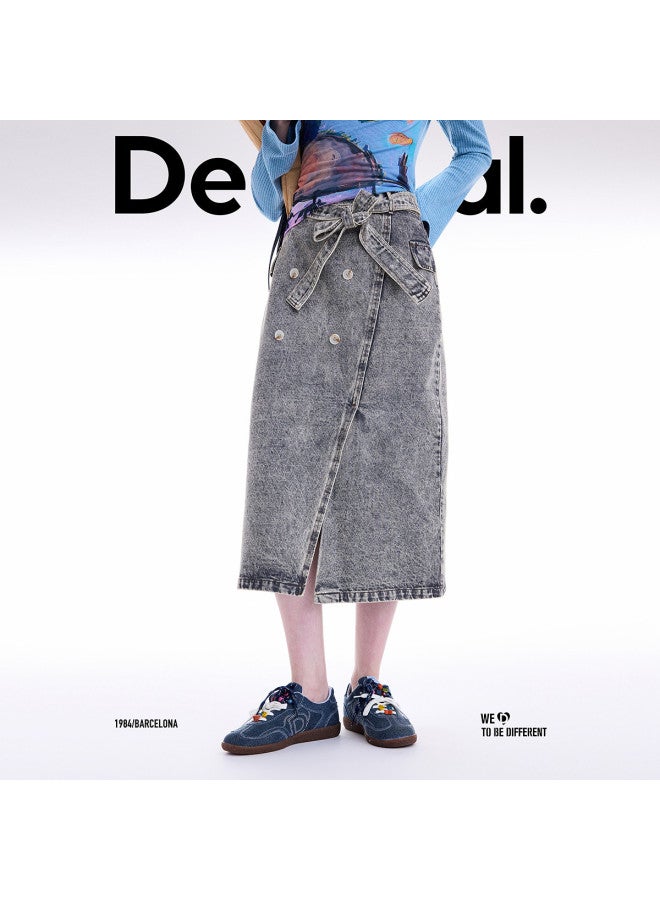 DESIGUAL [Spanish Fashion Luxury] 25 Fall/Winter New Collection Double-Breasted Heavy Wash Tie-Waist Grey Skirt - Image 3