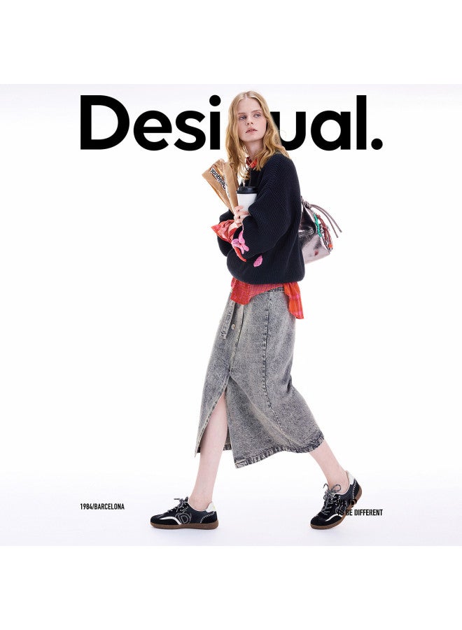 DESIGUAL [Spanish Fashion Luxury] 25 Fall/Winter New Collection Double-Breasted Heavy Wash Tie-Waist Grey Skirt - Image 2