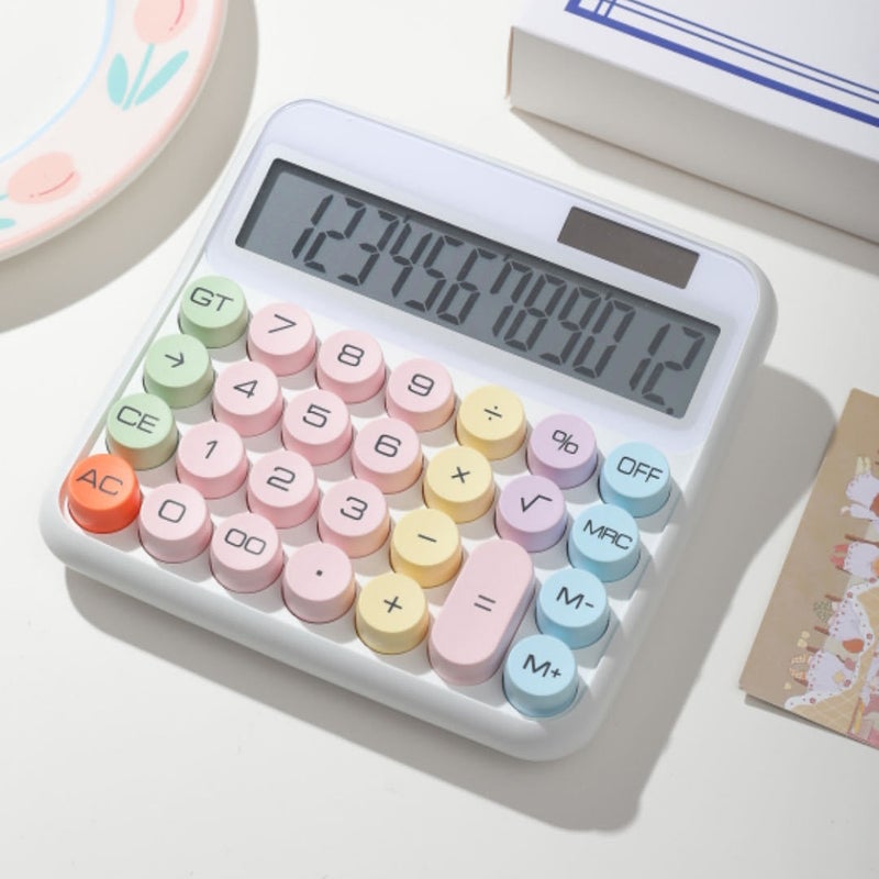 Mechanical Calculator 12 Digit Large LCD Display Big Round Button 15°Tilt Screen Cute Candy Colored Dual Power Supply Calculator Suitable for Office School Home for Kids Students Accountant - Image 2