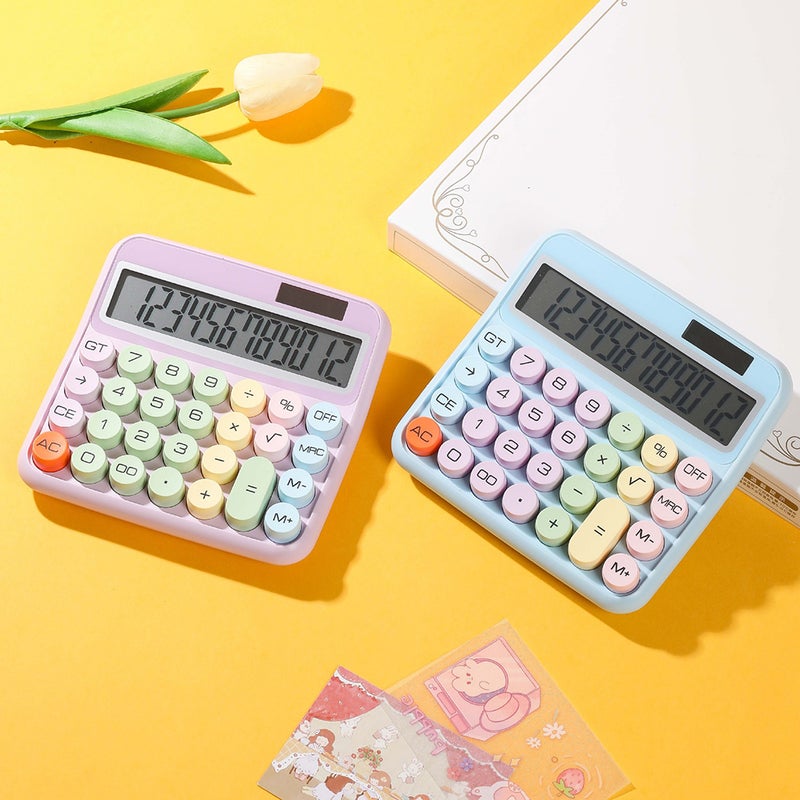 Mechanical Calculator 12 Digit Large LCD Display Big Round Button 15°Tilt Screen Cute Candy Colored Dual Power Supply Calculator Suitable for Office School Home for Kids Students Accountant - Image 5