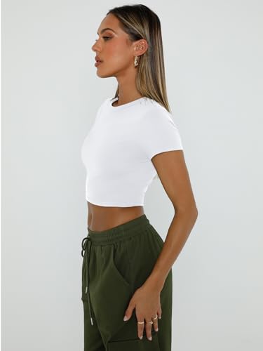 WYNNQUE Womens Crop Tops Cute Summer Scoop Neck Basic Tees Slim Fit Trendy Short Sleeve T Shirts for Teen Girls 2025 White XL - Image 3
