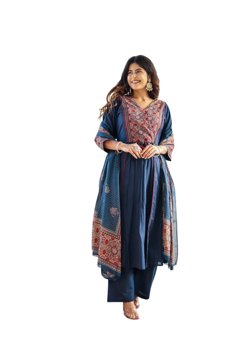 Stylum Women's Ajrakh Printed Cotton A-Line Kurta Pant Dupatta Set - Image 1