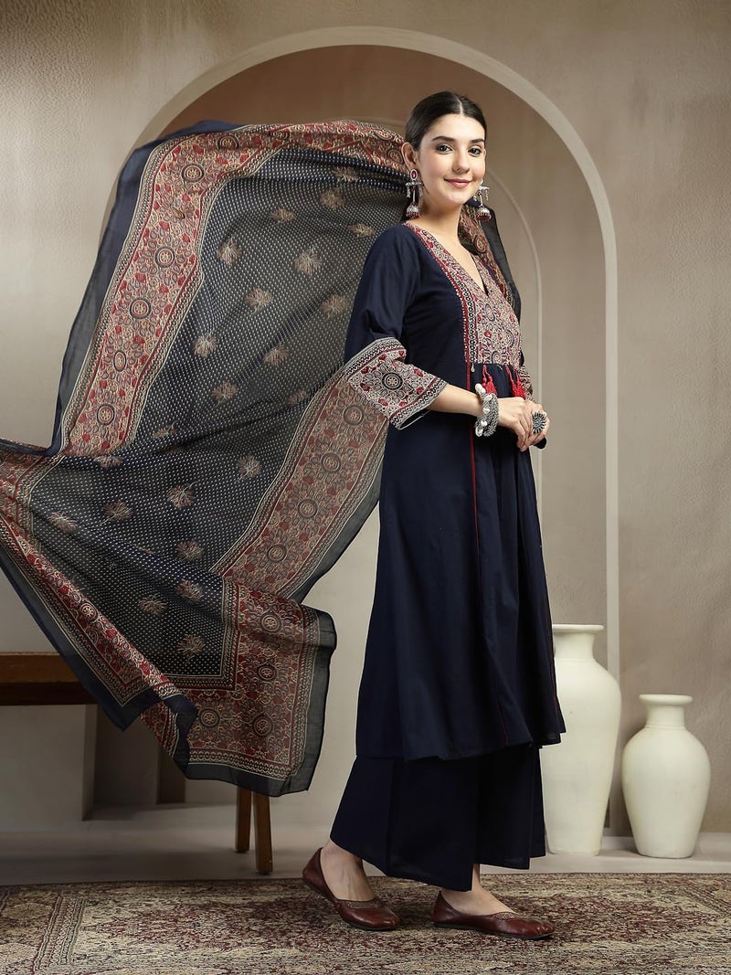Stylum Women's Ajrakh Printed Cotton A-Line Kurta Pant Dupatta Set - Image 3