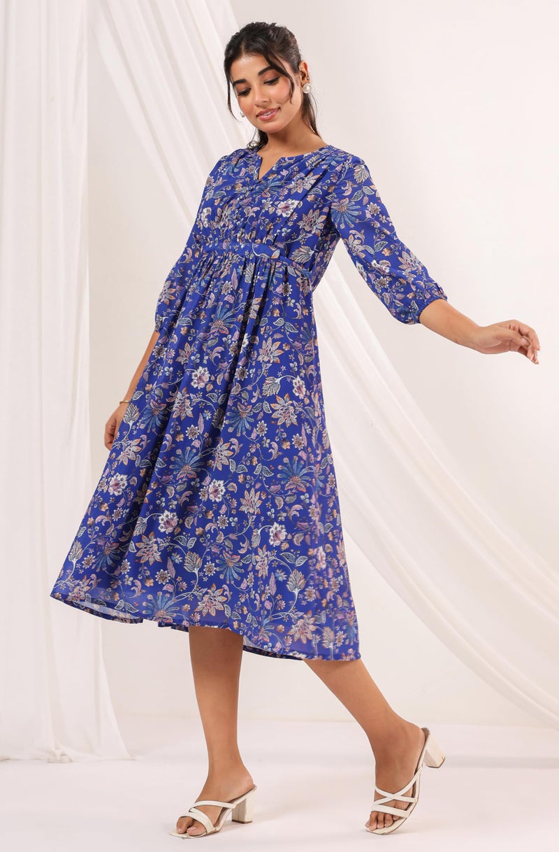 Janasya Women's Blue Georgette Floral Printed A-line Dress (JAA25DR02306-M) - Image 5